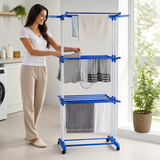 Tendedero de ropa plegable de 3 pisos con alas laterales (acero inoxidable), blanco y azul