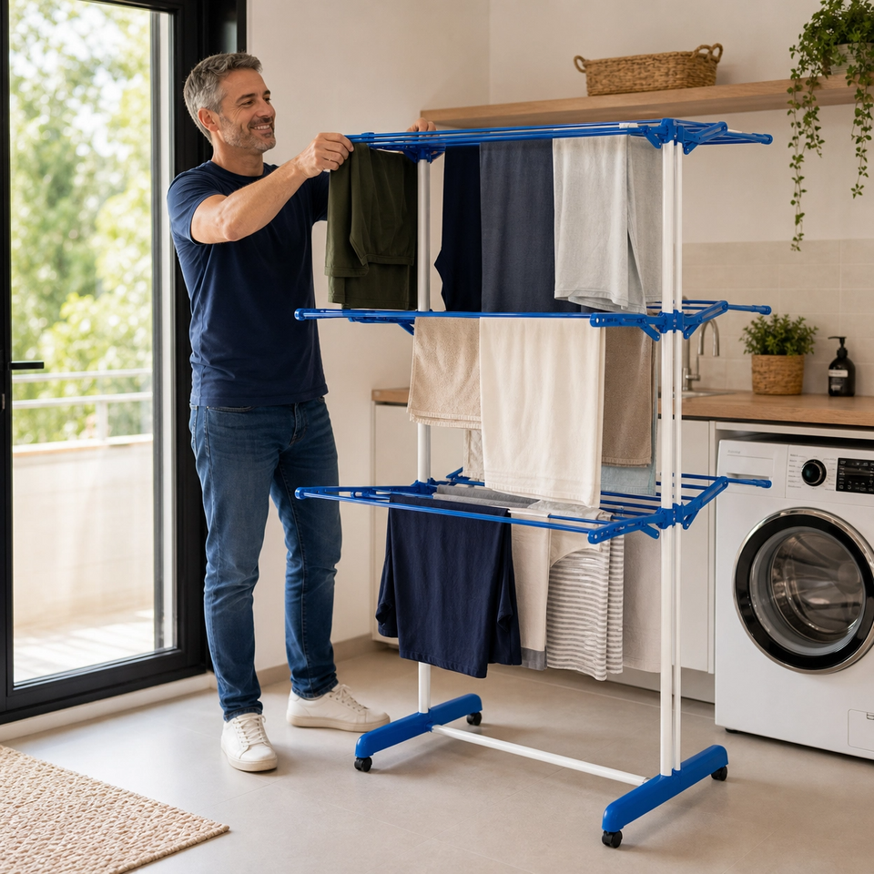 Tendedero de ropa plegable de 3 pisos con alas laterales (acero inoxidable), blanco y azul