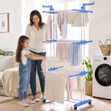 Tendedero de ropa plegable de 3 pisos con alas laterales (acero inoxidable), blanco y azul